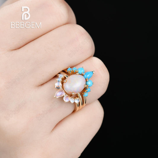 3pcs Vintage Opal Engagement Ring Bridal Set with Moonstone And Turquoise Matching Band