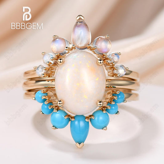 3pcs Vintage Opal Engagement Ring Bridal Set with Moonstone And Turquoise Matching Band