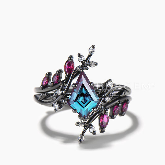 Kite Cut Color-change Alexandrite Ring Ruby Twig Band Enhancer Bridal Set