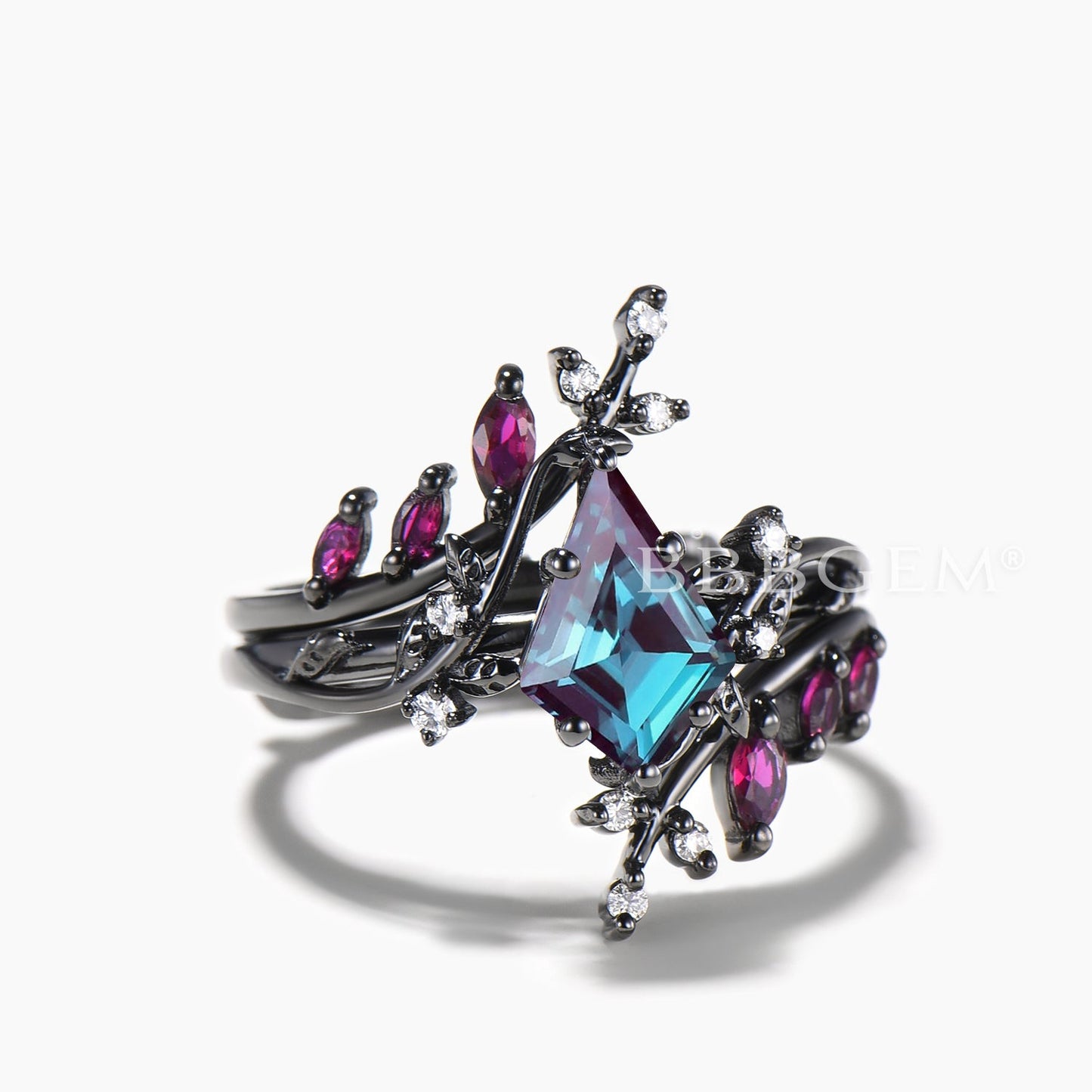 Kite Cut Color-change Alexandrite Ring Ruby Twig Band Enhancer Bridal Set