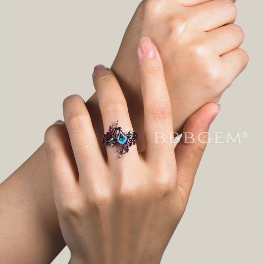 Kite Cut Color-change Alexandrite Ring Ruby Twig Band Enhancer Bridal Set