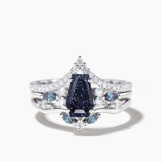 3pcs Coffin Blue Sandstone Cluster Bridal Set Alexandrite Diamond Engagement Ring