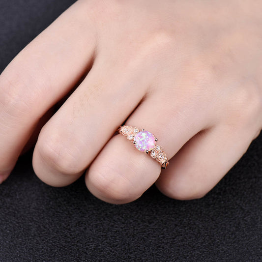 Floral Pink Fire Milgrain Opal Engagement Ring 14k/18k Rose Gold