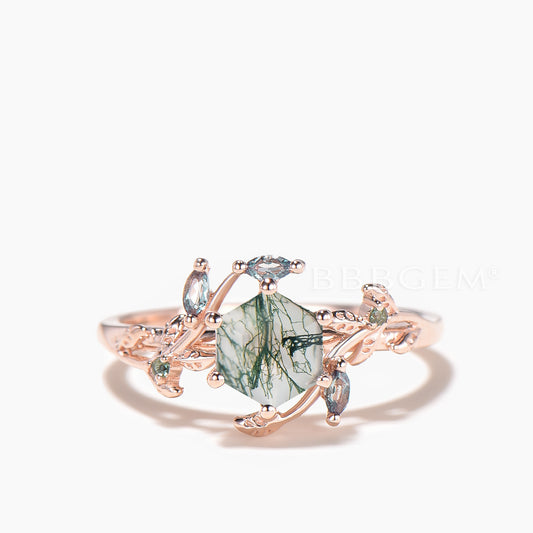 Hexagon Cut Natural Moss Agate Engagement Ring Alexandrite Leaf Twisted Ring