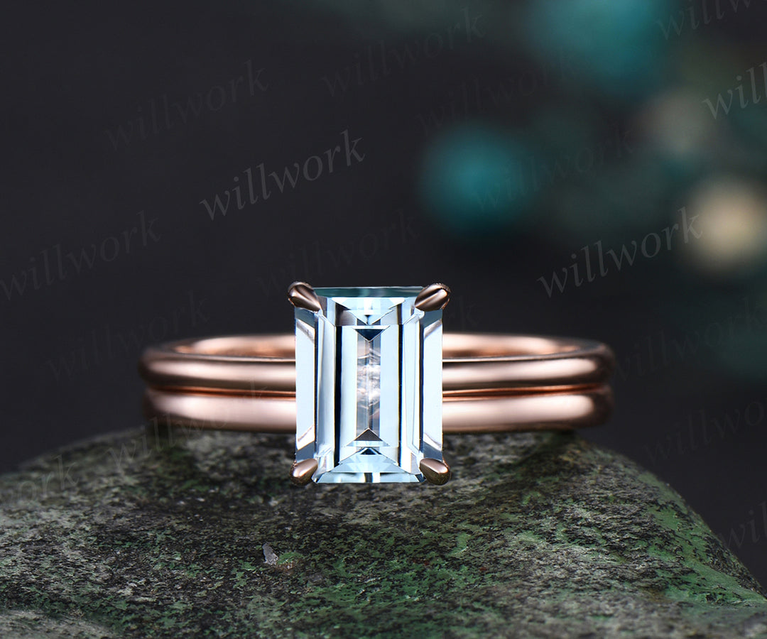 Emerald Cut Natural Aquamarine Solitaire Engagement Ring Set Rose Gold Minimalist Promise Bridal Ring Set