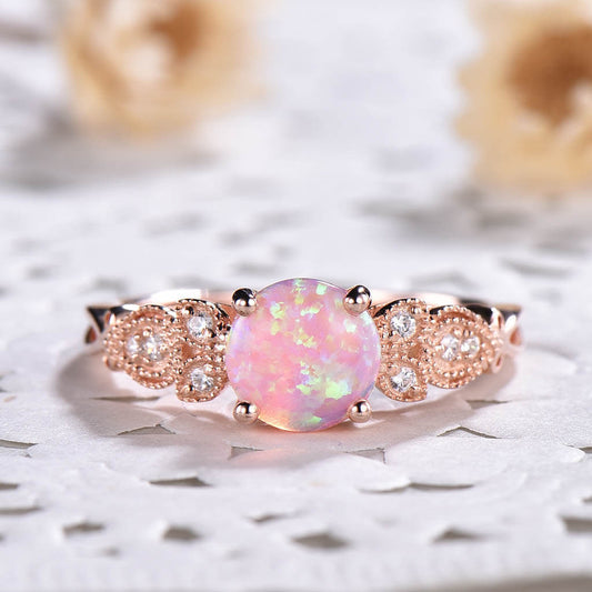 Floral Pink Fire Milgrain Opal Engagement Ring 14k/18k Rose Gold