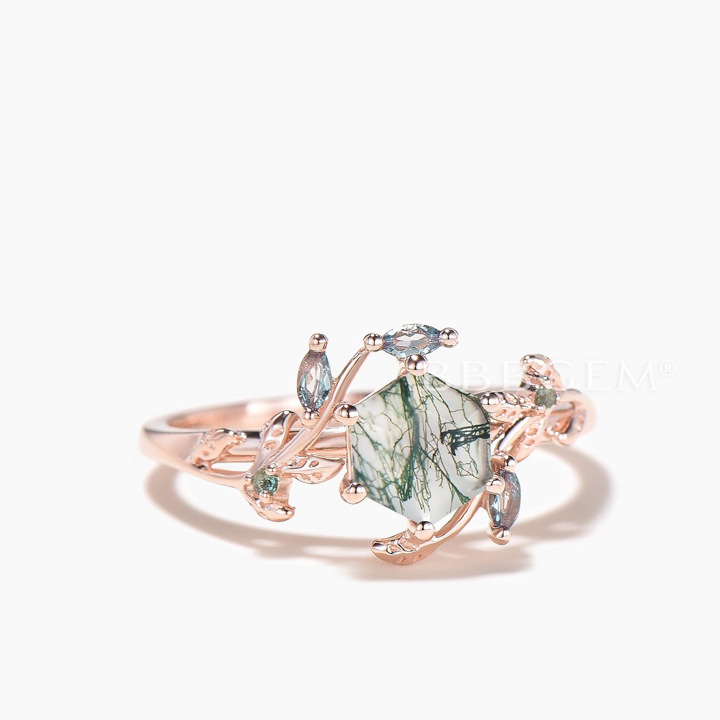 Hexagon Cut Natural Moss Agate Engagement Ring Alexandrite Leaf Twisted Ring