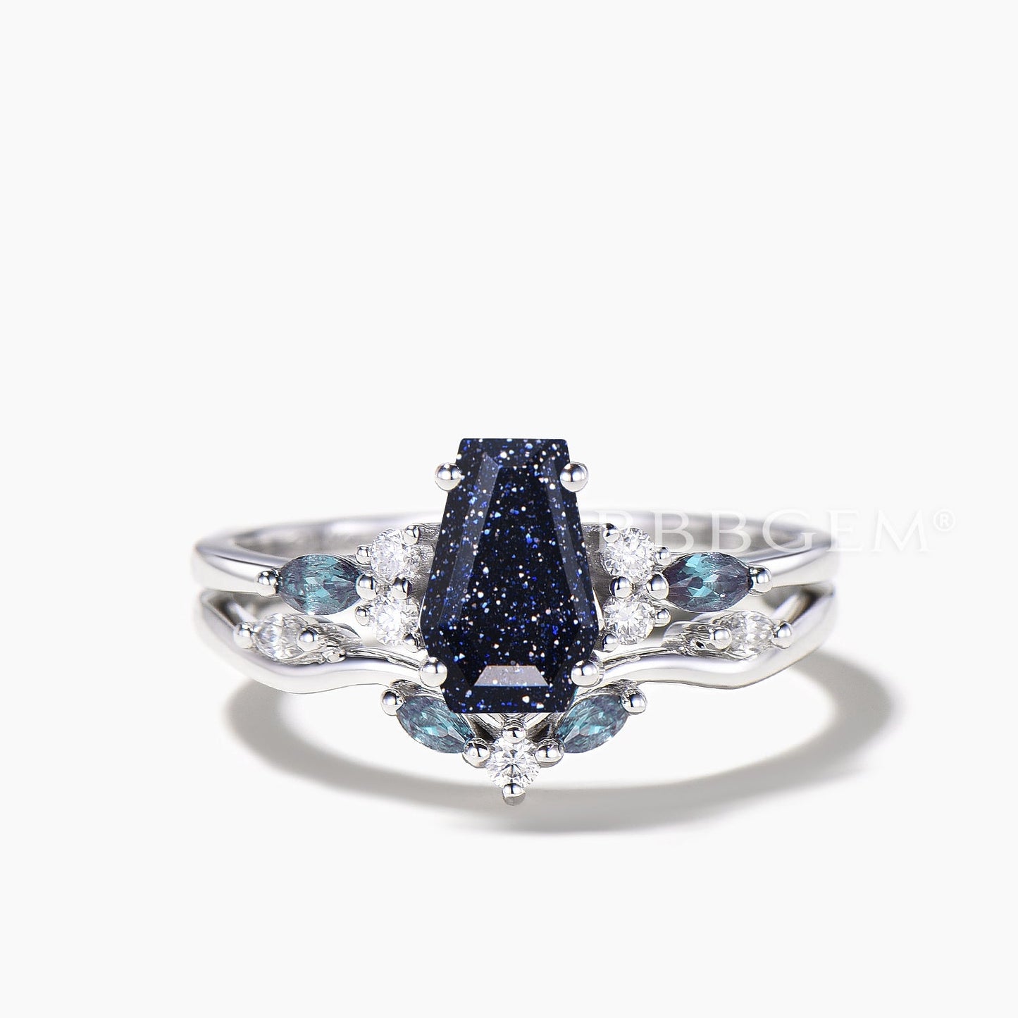 3pcs Coffin Blue Sandstone Cluster Bridal Set Alexandrite Diamond Engagement Ring