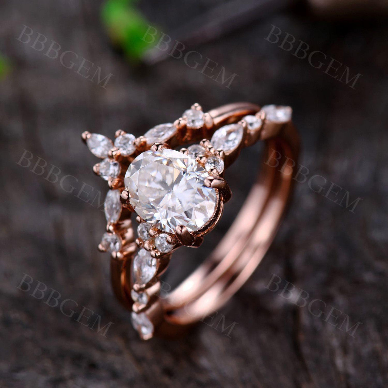 1.5CT Vintage Moissanite Bridal Set in Rose Gold Marquise Shaped Moissanite Wedding Band