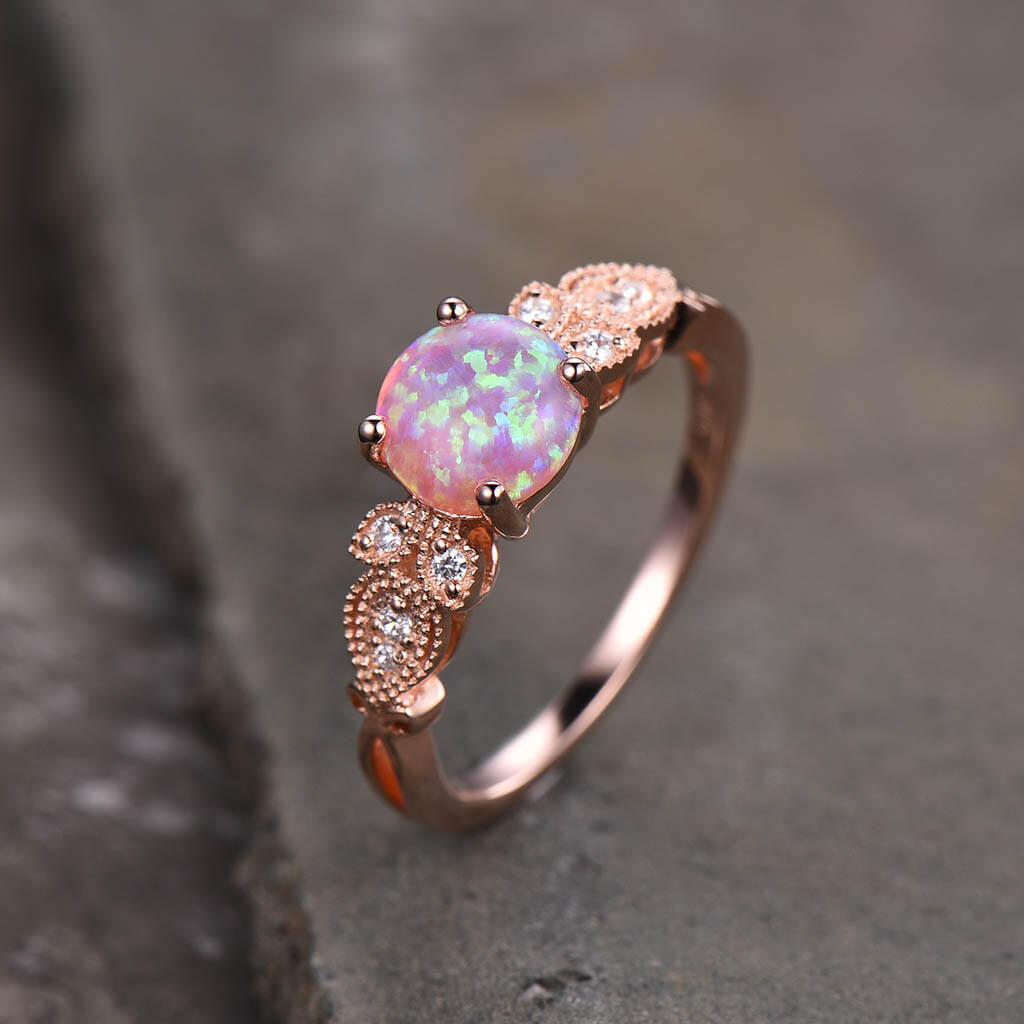 Floral Pink Fire Milgrain Opal Engagement Ring 14k/18k Rose Gold