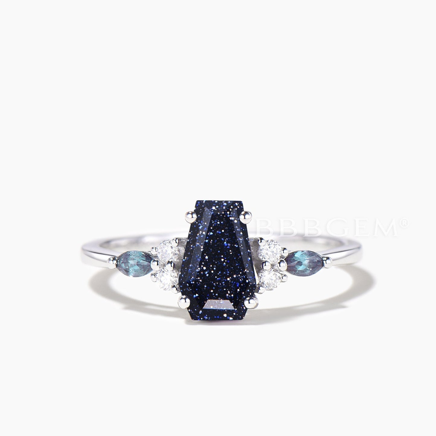 3pcs Coffin Blue Sandstone Cluster Bridal Set Alexandrite Diamond Engagement Ring