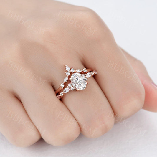 1.5CT Vintage Moissanite Bridal Set in Rose Gold Marquise Shaped Moissanite Wedding Band