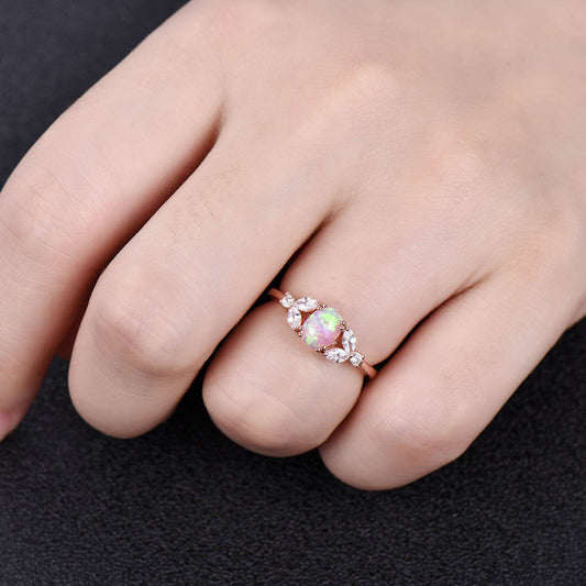 Lab Pink Solitaire Opal Marquise Moissanite Engagement Ring Rose Gold