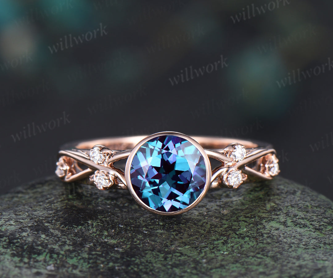 1ct Round Cut Alexandrite Bezel Engagement Ring Split Shank Infinity Diamond Ring Women Unique Promise Ring