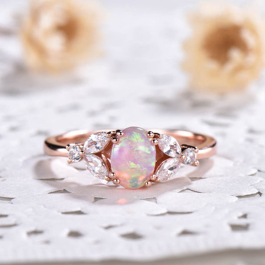 Lab Pink Solitaire Opal Marquise Moissanite Engagement Ring Rose Gold