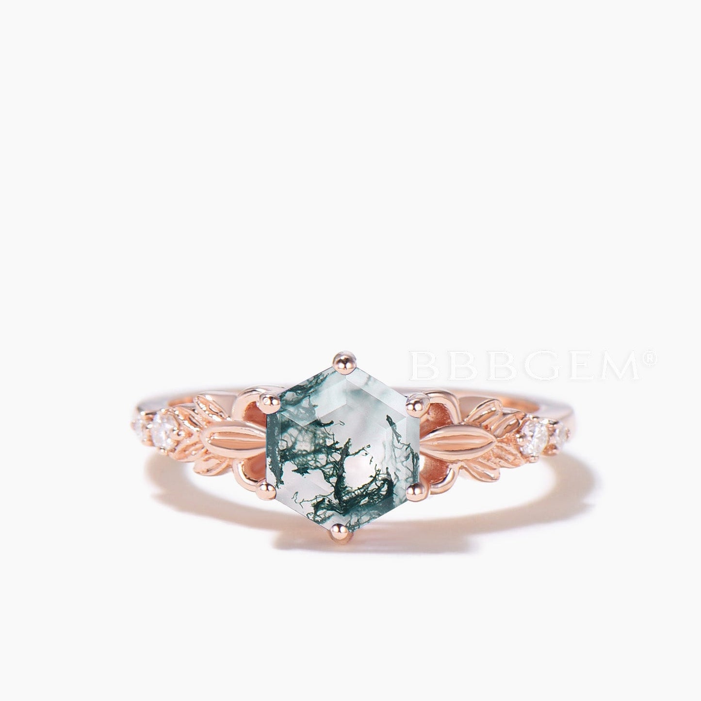 Hexagon Cut Natural Moss Agate Engagement Ring Moissanite Emerald Bridal Set