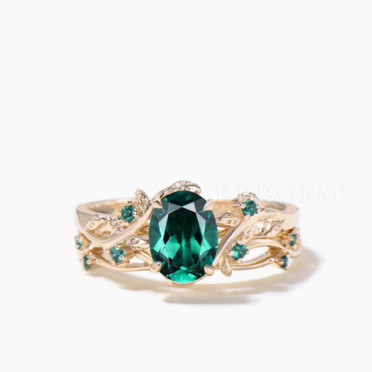 Emerald Nature Inspired Bridal Set 1.5CT Oval Cut Emerald Leaf Engagement Ring