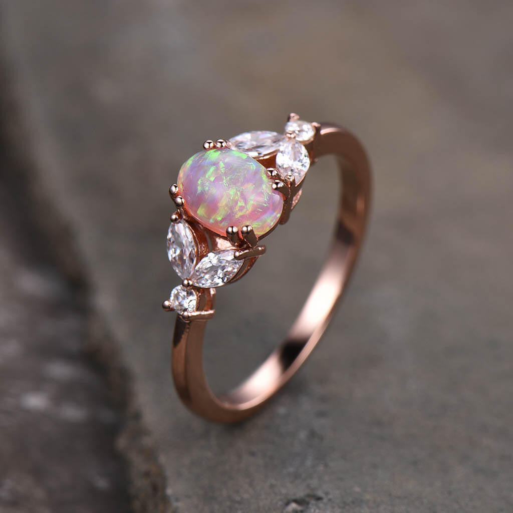 Lab Pink Solitaire Opal Marquise Moissanite Engagement Ring Rose Gold