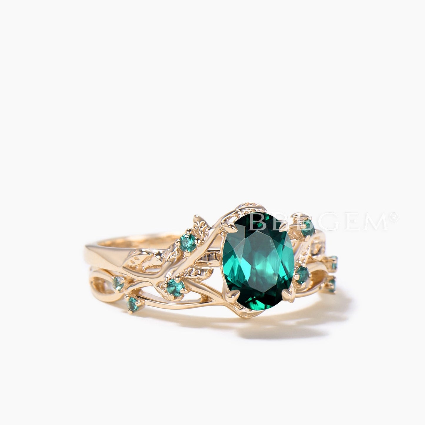 Emerald Nature Inspired Bridal Set 1.5CT Oval Cut Emerald Leaf Engagement Ring