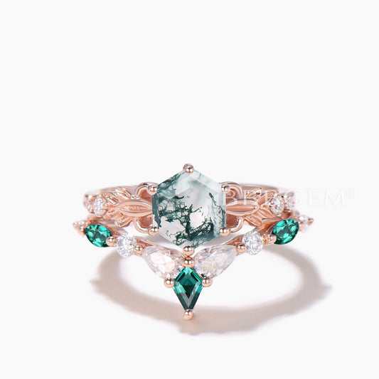 Hexagon Cut Natural Moss Agate Engagement Ring Moissanite Emerald Bridal Set