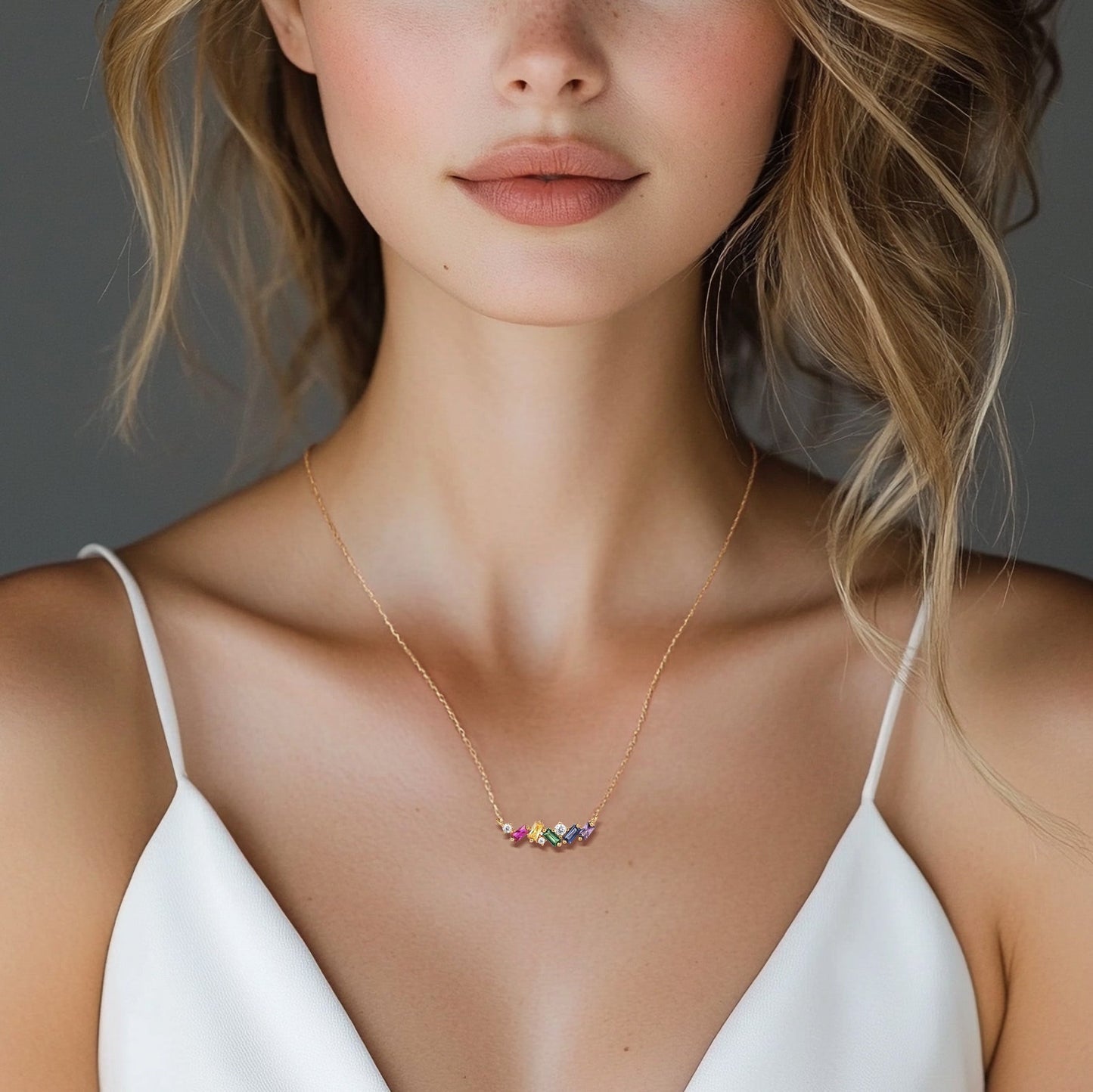 14k Yellow Gold Baguette Cut Rainbow Sapphire Citrine Amethyst Colorful Pendant Necklace Scatter Bar Fashion Necklace