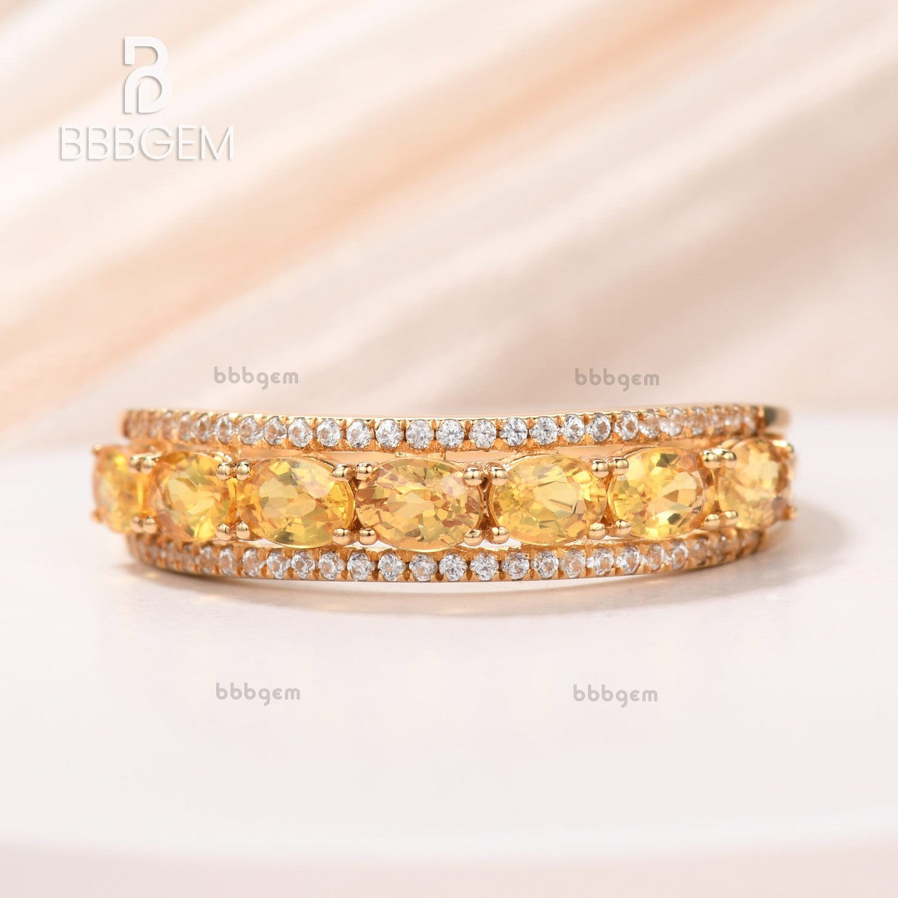 18K Rose Gold Triple Row Oval Fancy Yellow Sapphire Anniversary Band with White Diamonds
