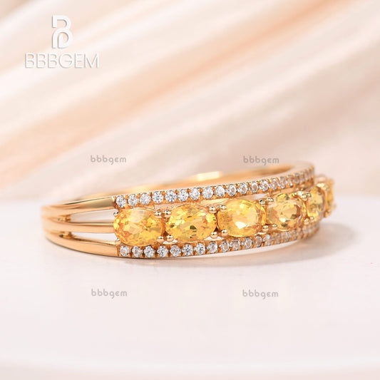 18K Rose Gold Triple Row Oval Fancy Yellow Sapphire Anniversary Band with White Diamonds