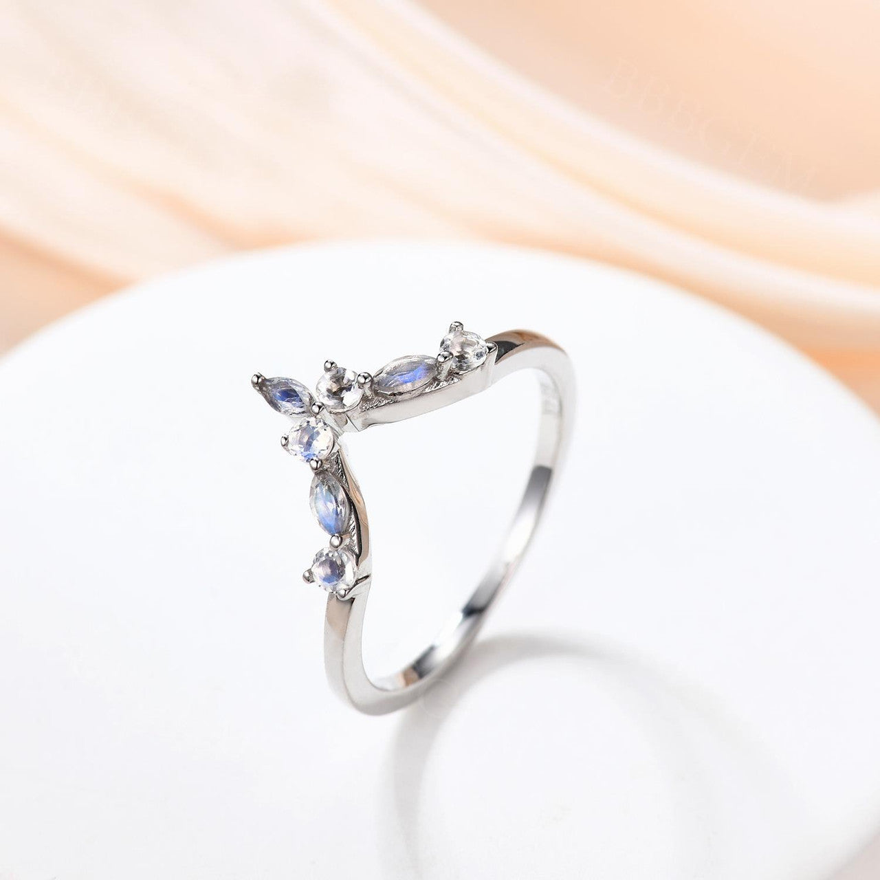 14K White Gold Fashion Thin Marquise & Round Moonstone Women Stacking Wedding Band 7 Stone Curved Band