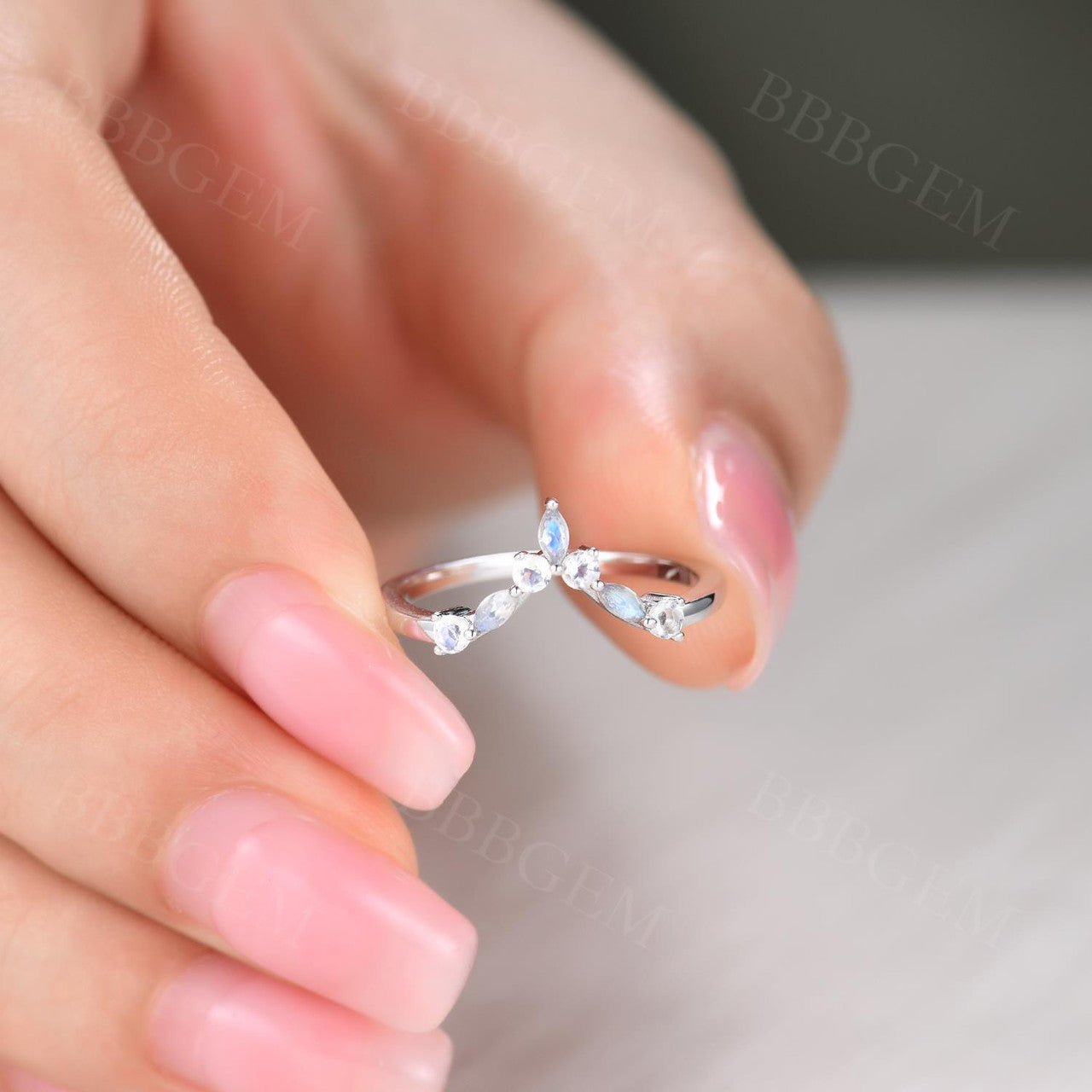 14K White Gold Fashion Thin Marquise & Round Moonstone Women Stacking Wedding Band 7 Stone Curved Band