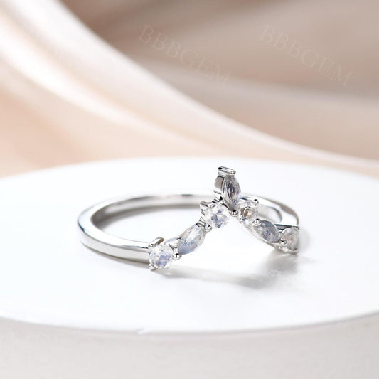 14K White Gold Fashion Thin Marquise & Round Moonstone Women Stacking Wedding Band 7 Stone Curved Band