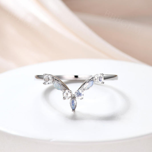 14K White Gold Fashion Thin Marquise & Round Moonstone Women Stacking Wedding Band 7 Stone Curved Band
