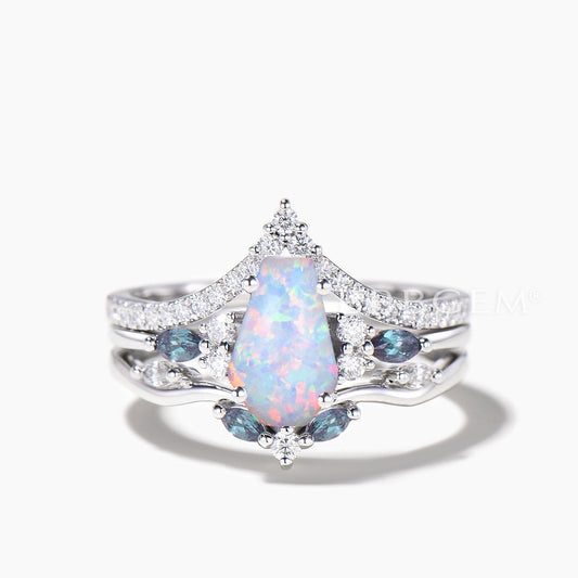 3pcs Coffin Cut White Opal Bridal Set Diamond Alexandrite Cluster Engagement Ring