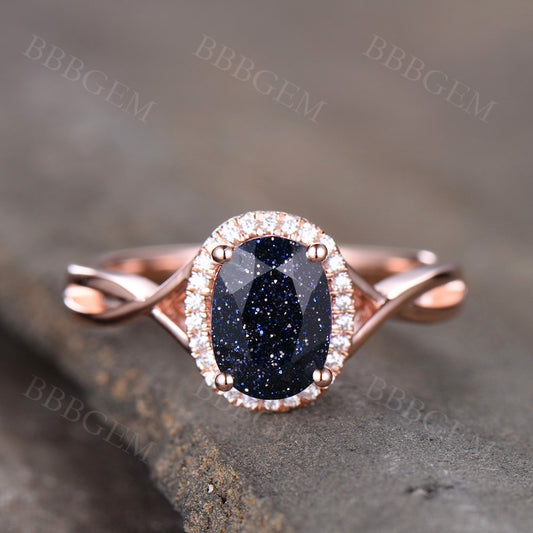 1.5CT Pink Gold Blue Sandstone Wedding Ring Diamond Halo Infinity Plain Gold Band