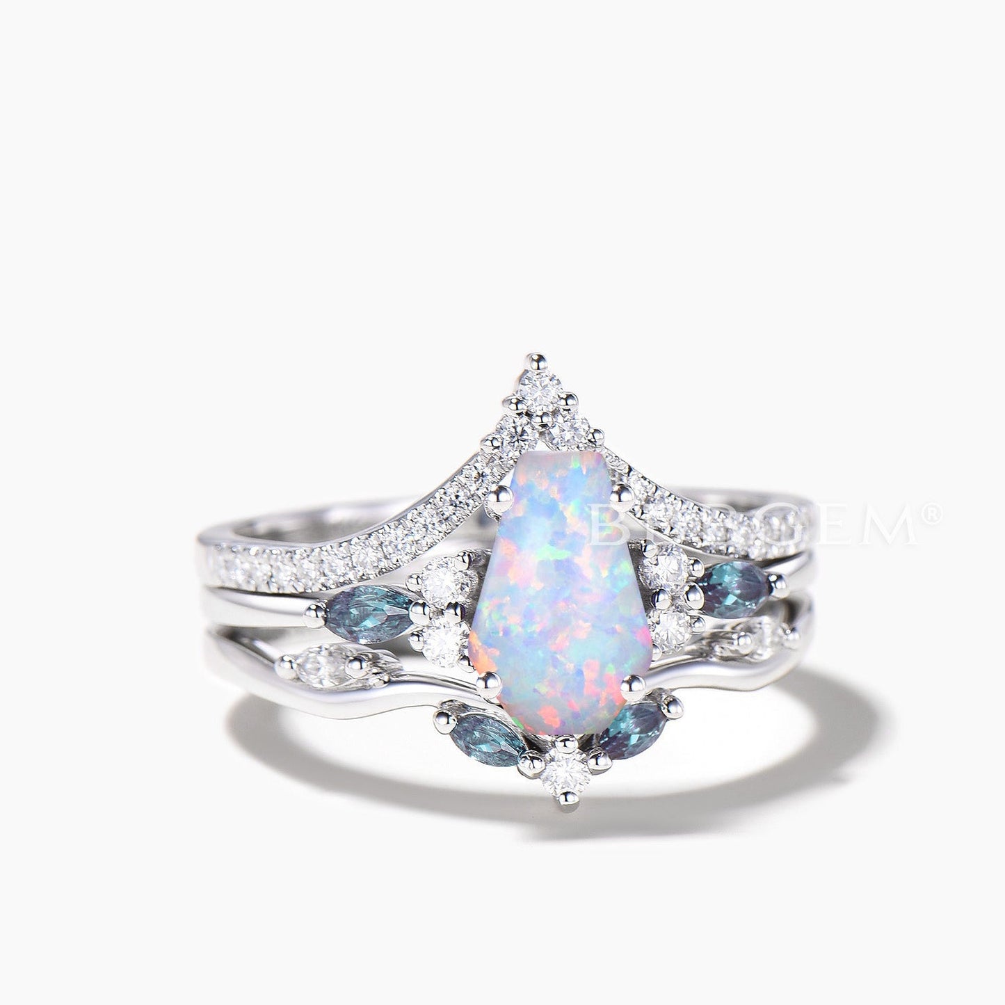 3pcs Coffin Cut White Opal Bridal Set Diamond Alexandrite Cluster Engagement Ring