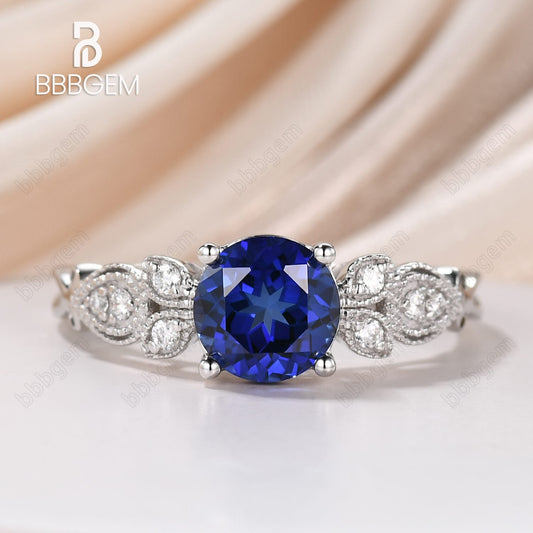 1CT Floral Blue Sapphire Milgrain Lab Sapphire Engagement Ring 14k/18k White Gold