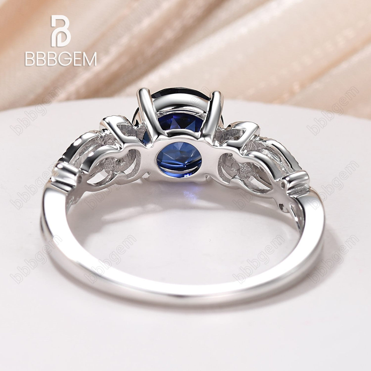 1CT Floral Blue Sapphire Milgrain Lab Sapphire Engagement Ring 14k/18k White Gold