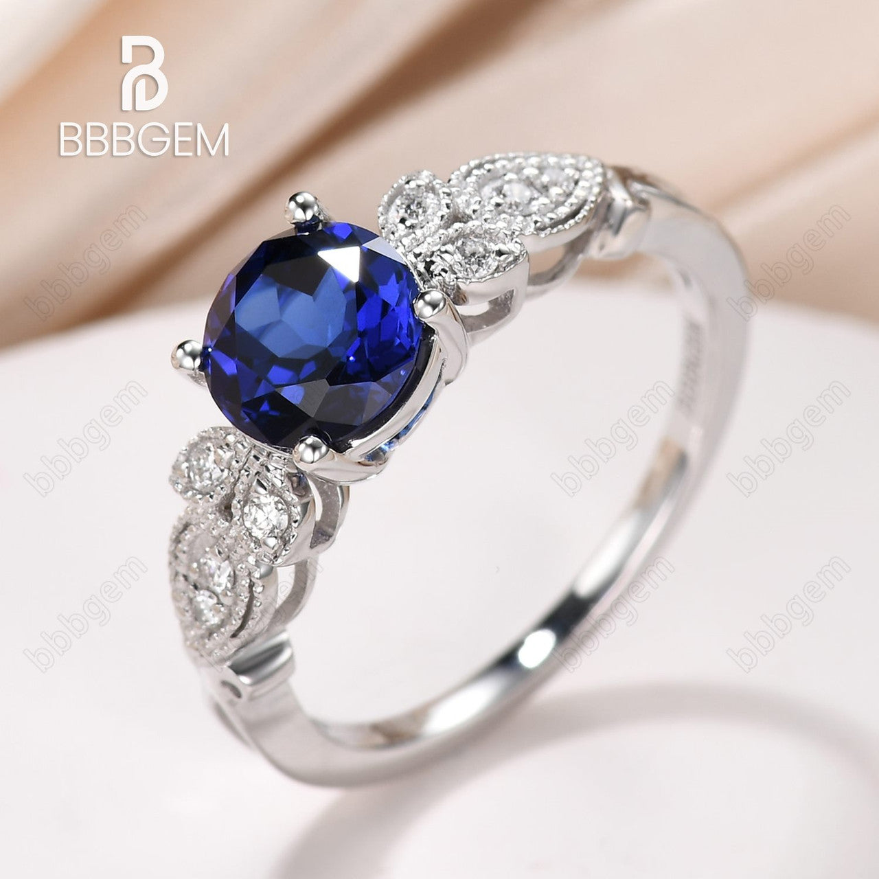 1CT Floral Blue Sapphire Milgrain Lab Sapphire Engagement Ring 14k/18k White Gold