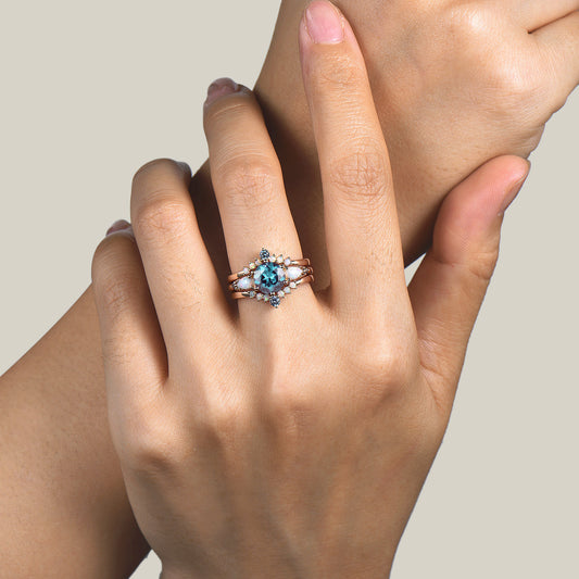 3PC Round Cut Color-change Alexandrite Engagement Ring White Opal Bridal Set