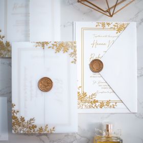 Gold Foil Vellum Wrap With Delicate Flowers Wedding Invitation Swpi136