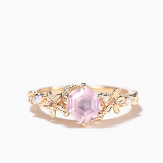 1ct Hexagon Cut Natural Rose Quartz Diamond Flower Nature Inspired Engagement Ring