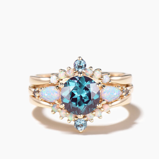 3PC Round Cut Color-change Alexandrite Engagement Ring White Opal Bridal Set