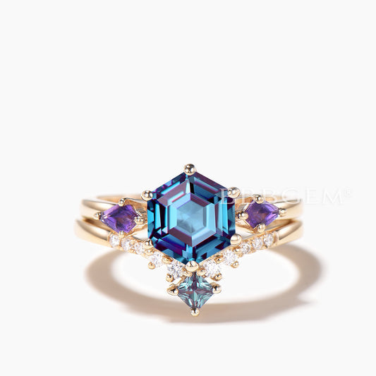 Hexagon Cut Color-change Alexandrite Bridal Set Amethyst Three Stone Ring