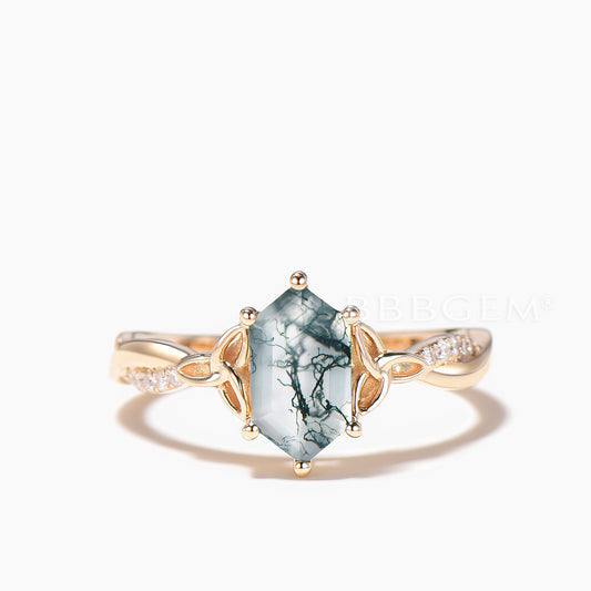 Hexagon Cut Natural Moss Agate Celtic Knot Wedding Ring Diamond Twisted Ring