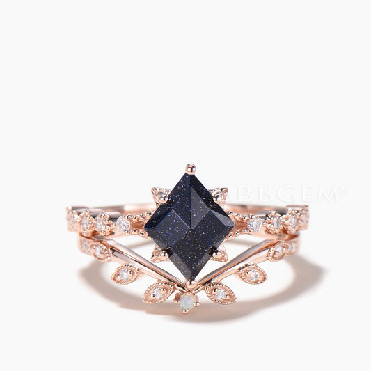 Kite Bridal Set Rhombic Cut Blue Sandstone Engagement Ring Diamond Band