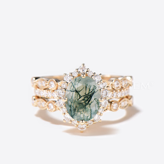 3pcs Oval Cut Natural Moss Agate Diamond Half Eternity Bridal Set Halo Engagement Ring