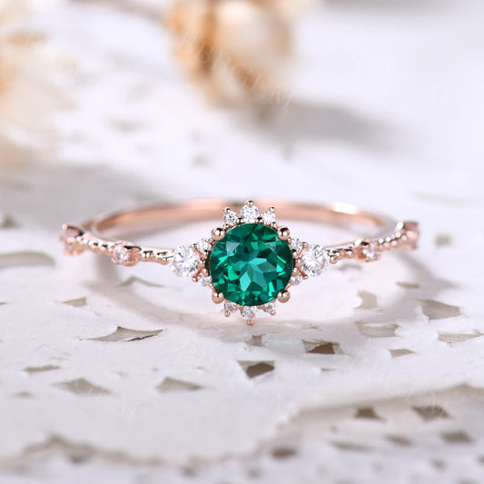 5mm Dainty Round Cut Emerald Engagement Ring Diamond Wedding Band Rose Gold