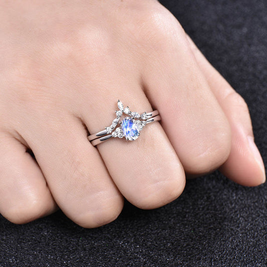 1 Carat Rainbow Moonstone Engagement Ring Set Cluster Dimaond/Moissanite Curve Band Art Deco 2pcs