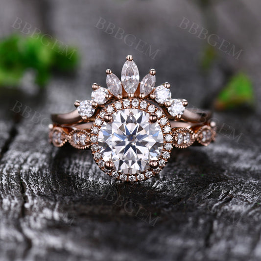 1.25 Carat Art Deco Round Cut Moissanite Engagement Ring Moissanite Wedding Band Rose Gold