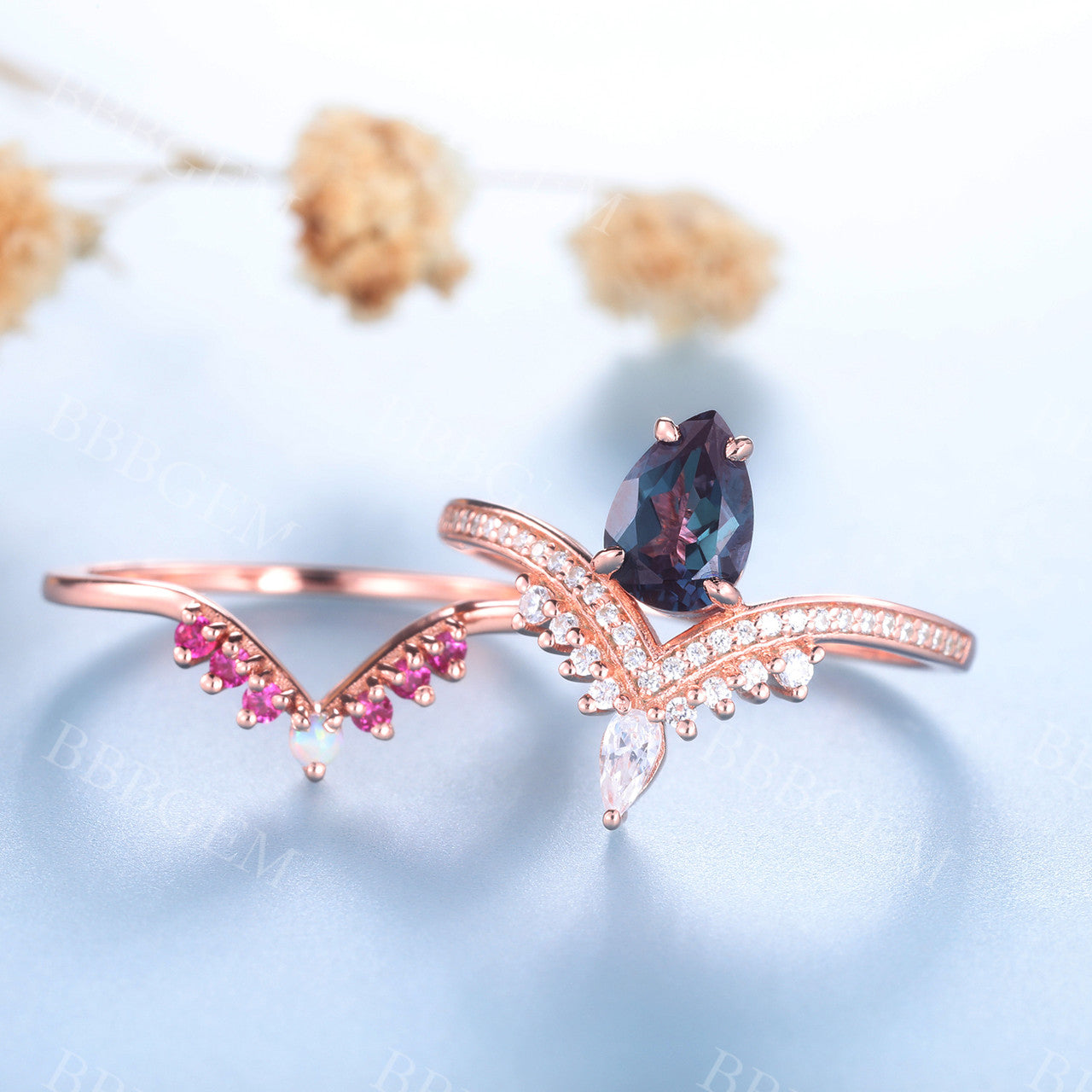 14K/18K Alexandrite Diamond Engagement Rings Rose Gold Wedding Set