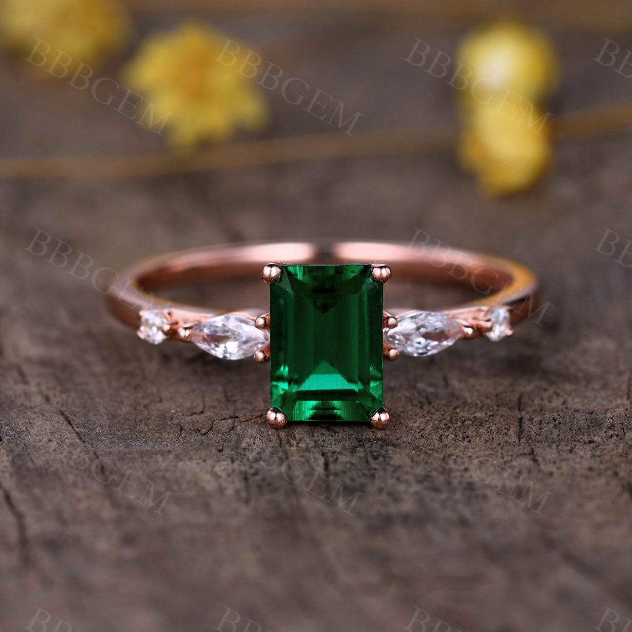 1CT Emerald Cut Lab-created Emerald Moissanite Band Rose Gold